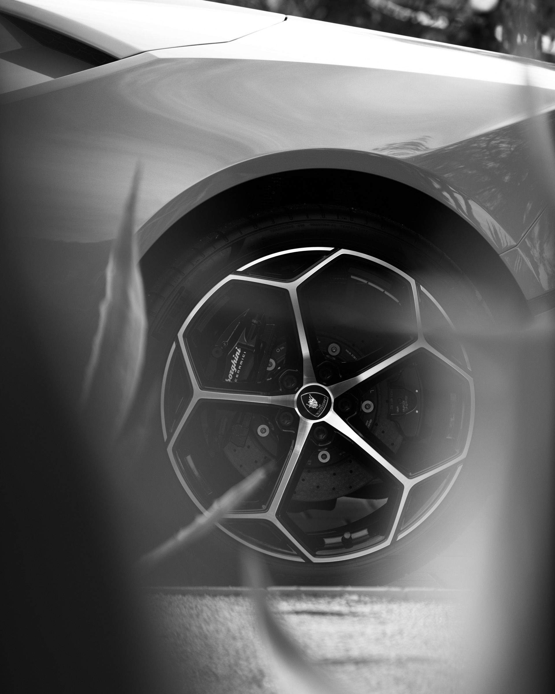 Black-and-white close-up of a Lamborghini Urus wheel and brake caliper