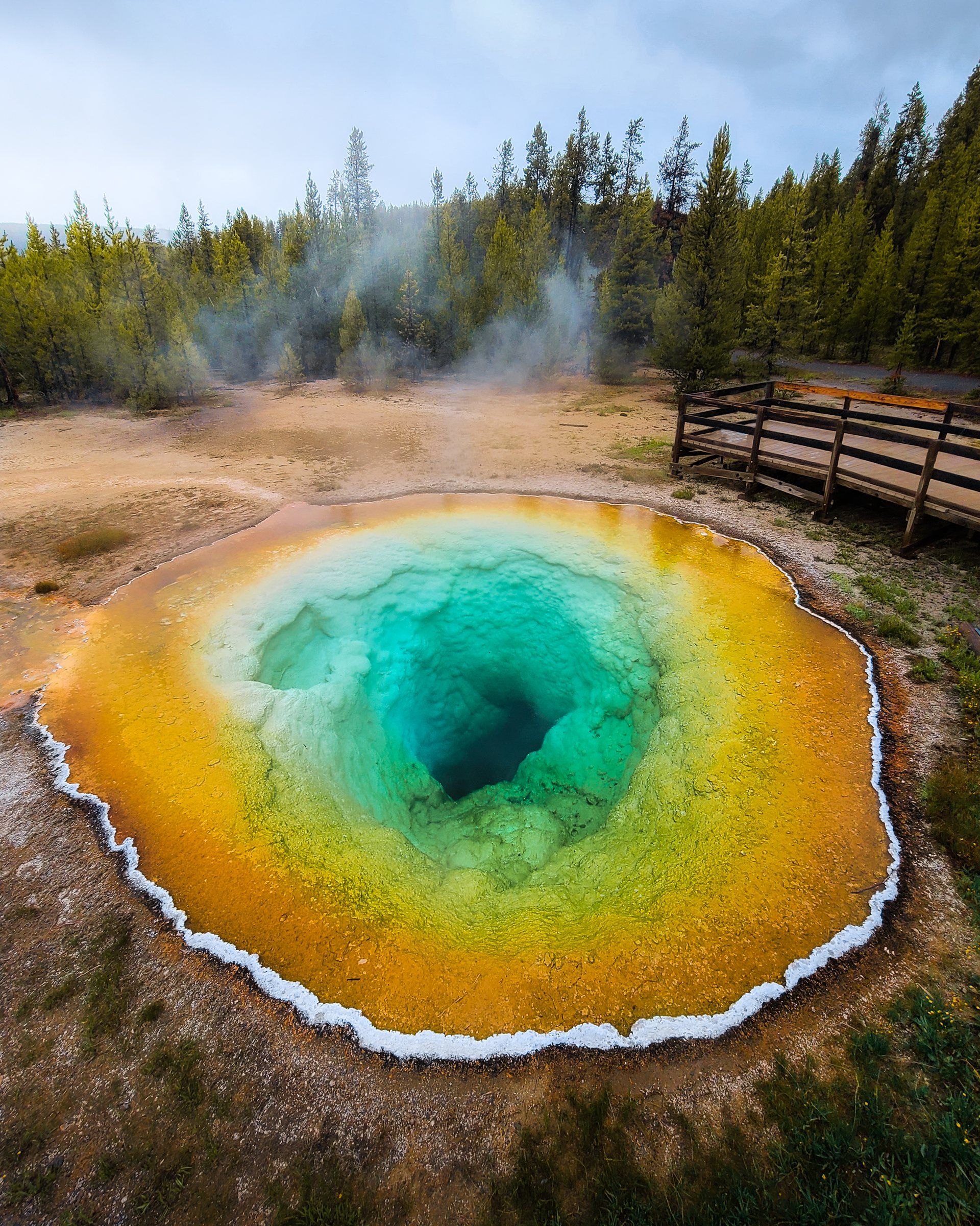 Steam rising off a vivid blue-and-yellow hot spring ringed by pines and a boardwalk
