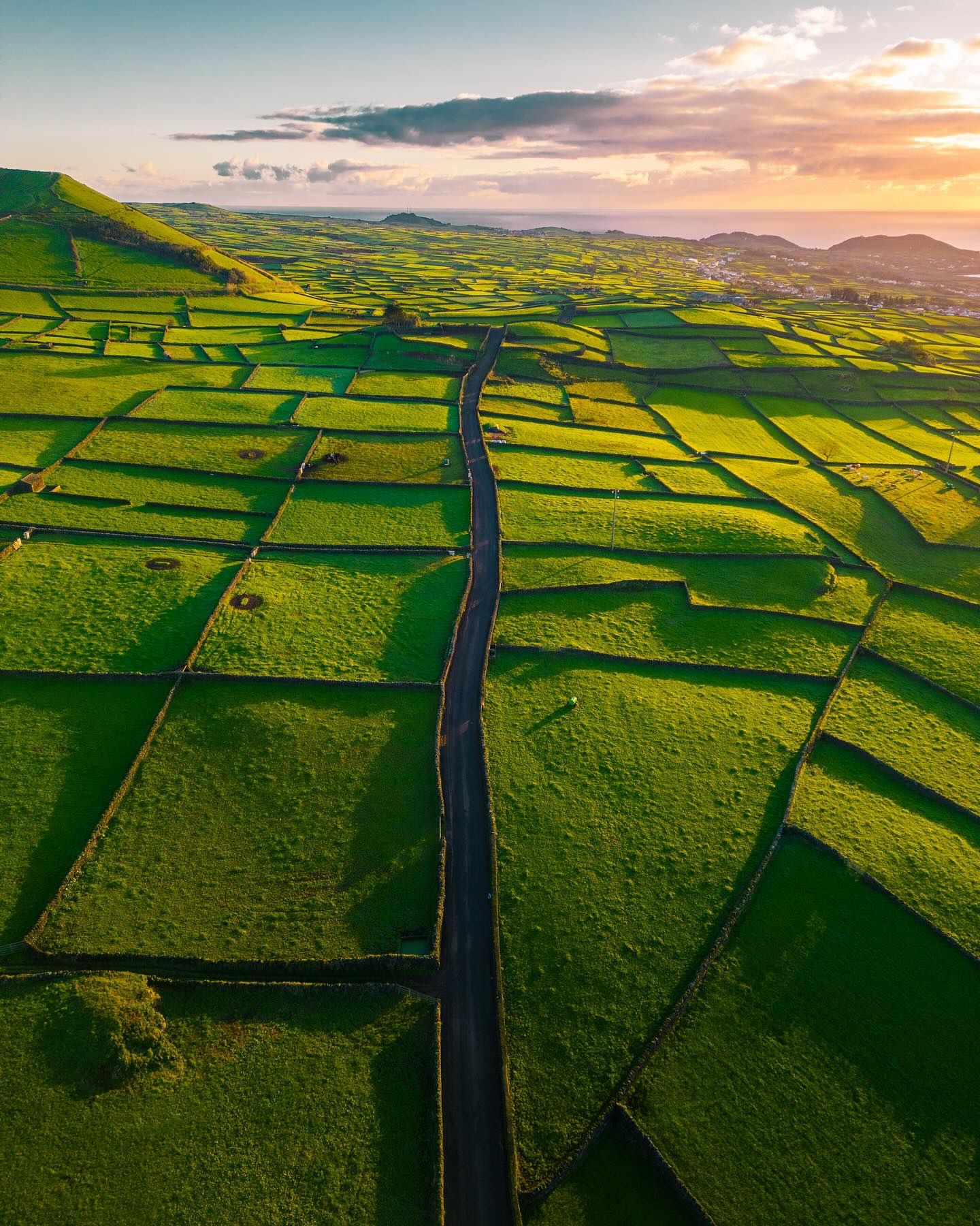 A single road running straight through a grid of stone-walled green pastures at sunset