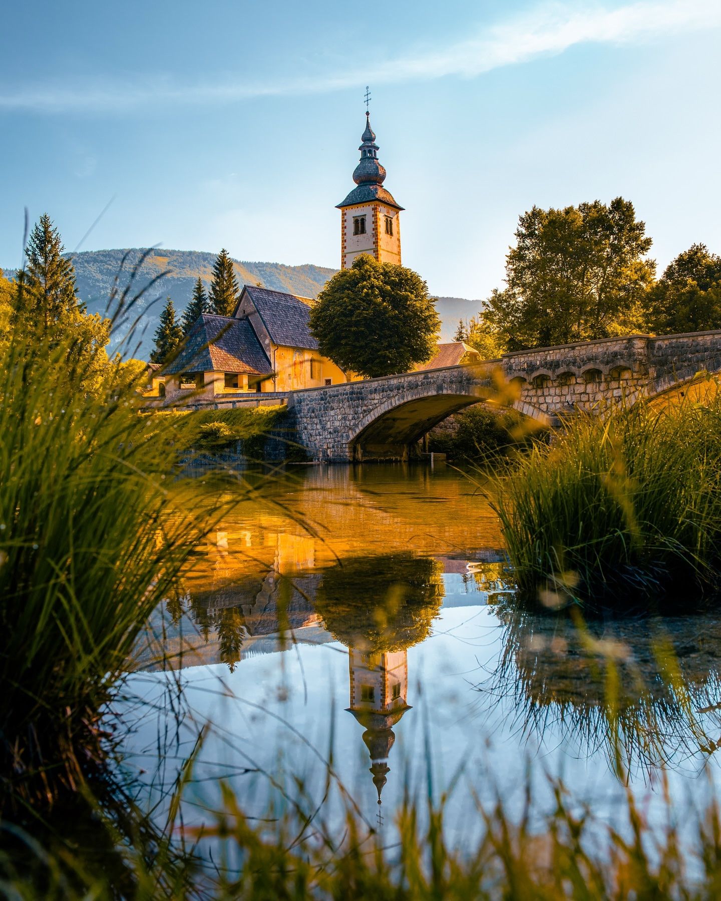 Bohinj's stone bridge and church bell tower reflected in still water, framed by tall grass