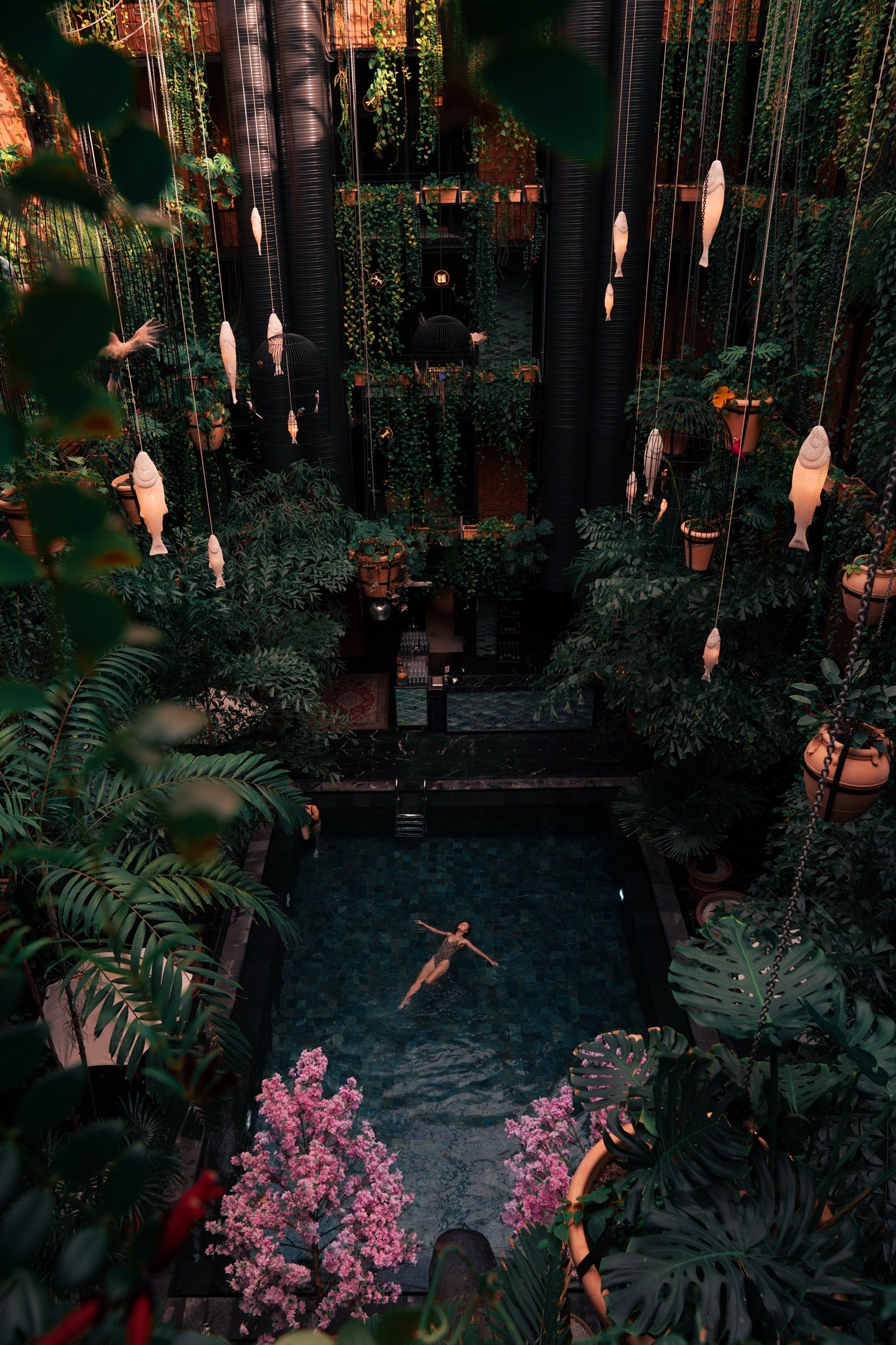 Looking down into a plant-filled atrium with hanging fish lanterns and a swimmer in the pool